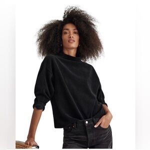 Madewell Texture & Thread Jacquard Mock Neck Top, Black, Size XL